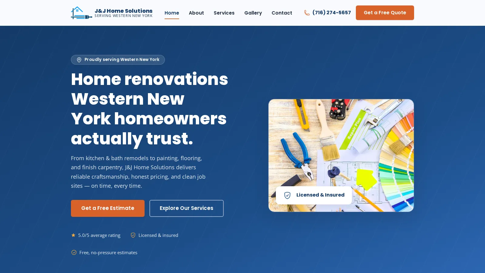 The J&J Home Solutions home page, with the headline “Home renovations Western New York homeowners actually trust.”, a free estimate button, and a photo of renovation tools.