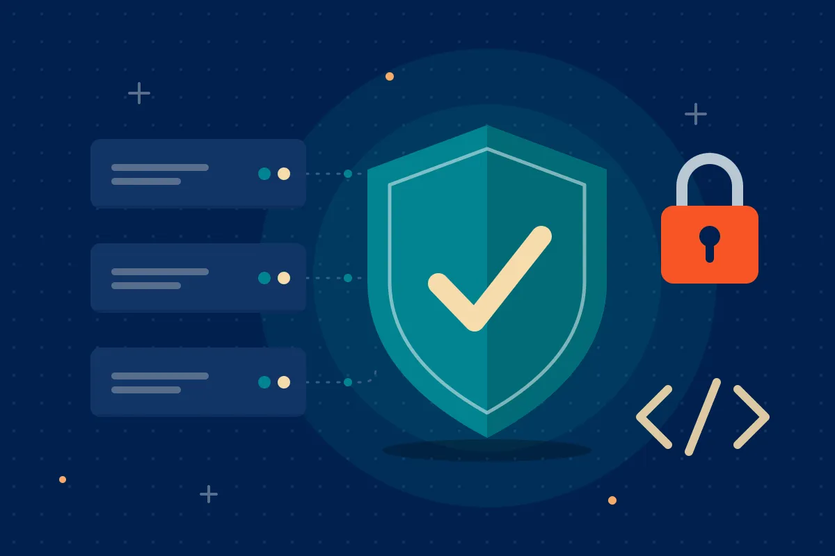 A stack of three servers connected to a large teal shield with a check mark, beside a padlock and code brackets.